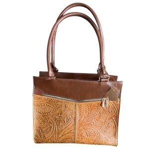 Michelle Brown & tan etched leather handbag